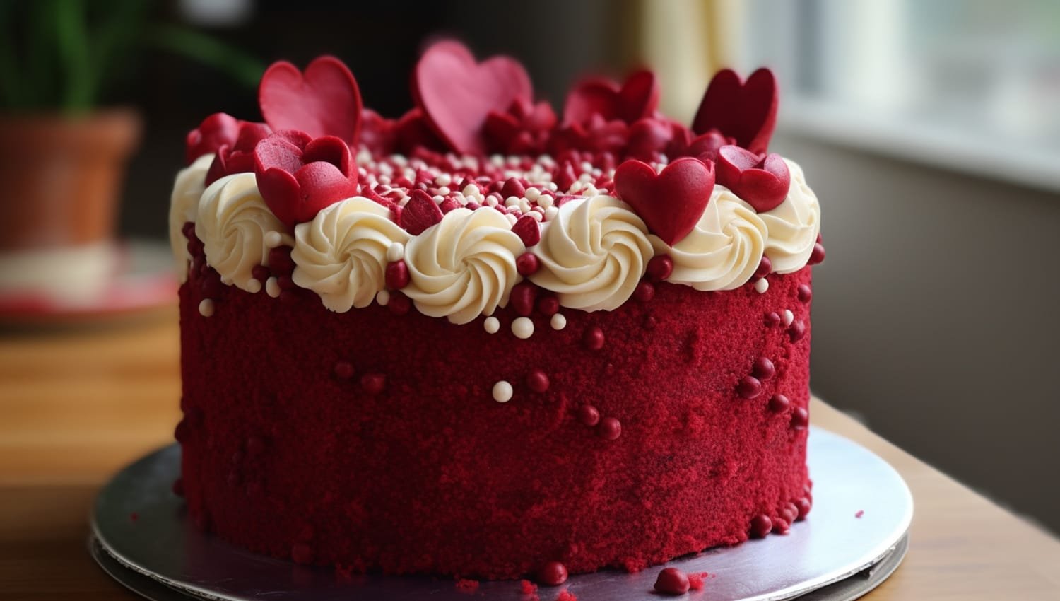 A beautiful wedding cake displayed on a rustic wooden table at a vintage dessert station.