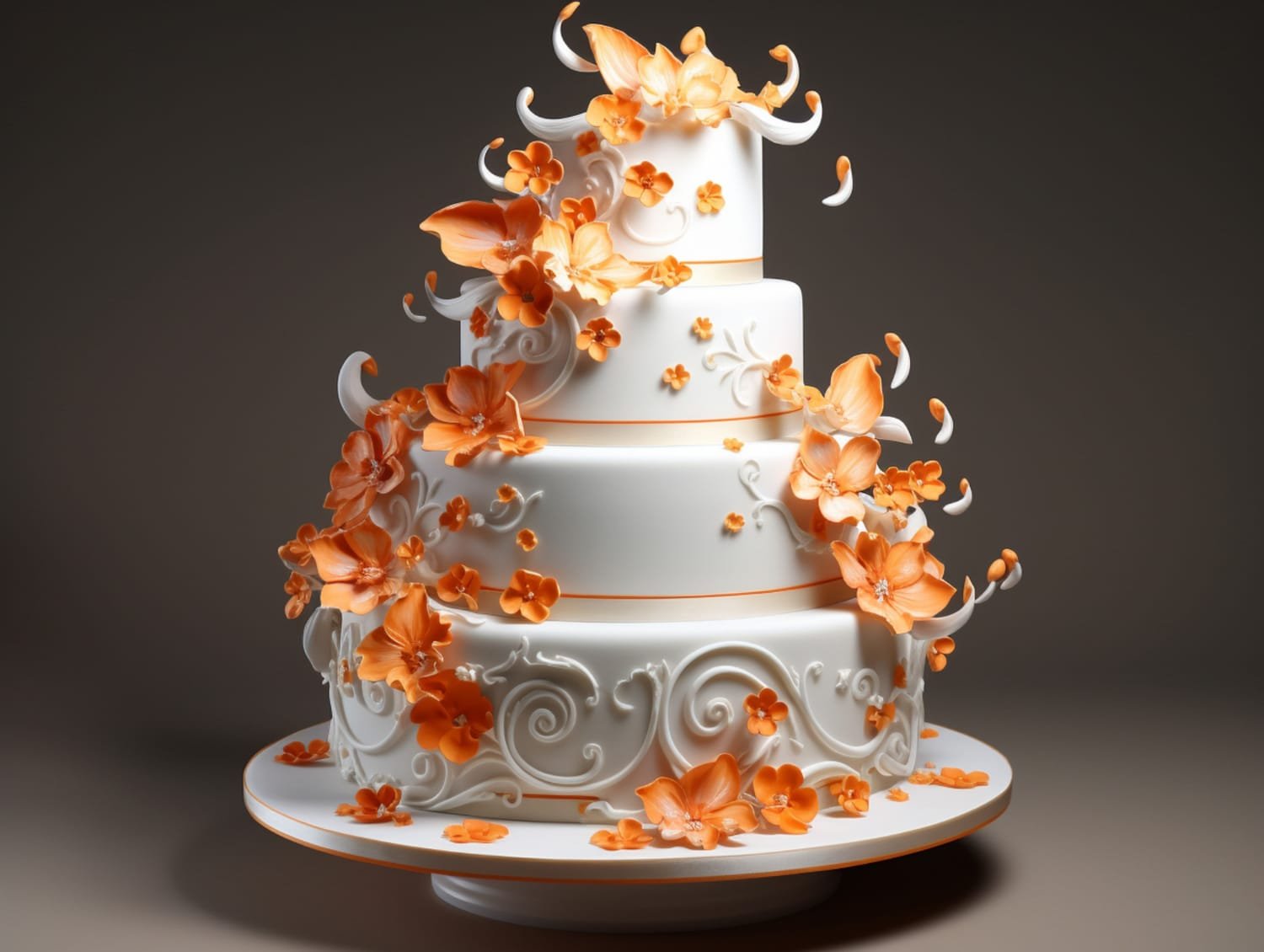 Elegant multi tier white wedding cake featuring a classic bride and groom cake topper.