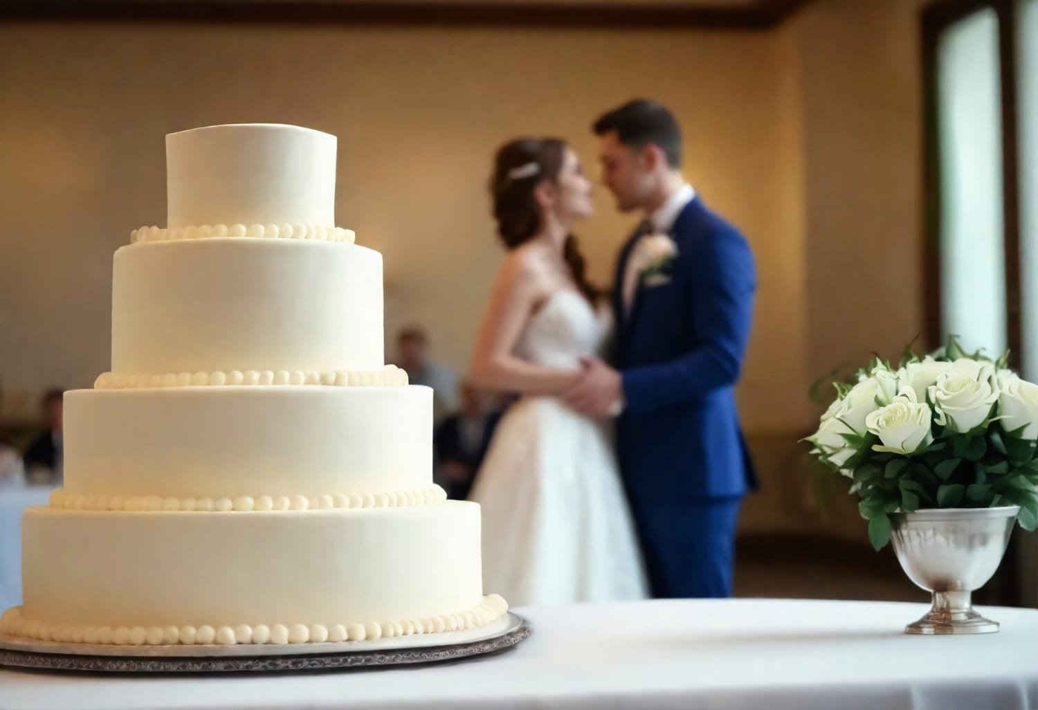 Traditional 4 tier white wedding cake with elegant floral decorations and gold accents.