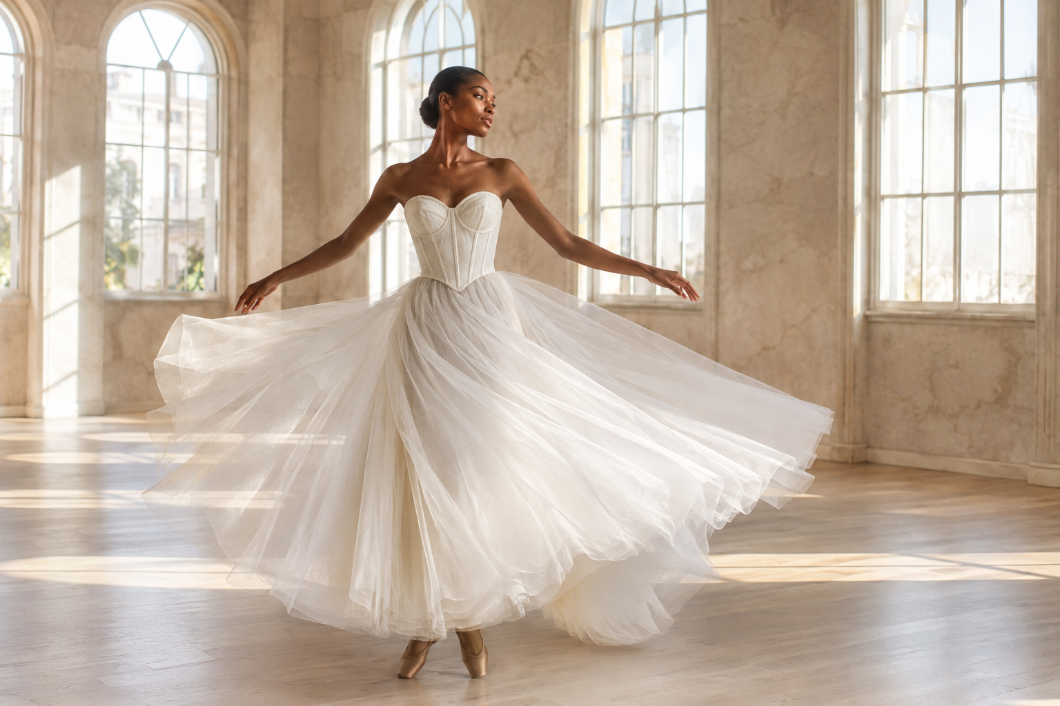 Ballet-inspired tulle wedding dress moving through a sunlit rehearsal hall