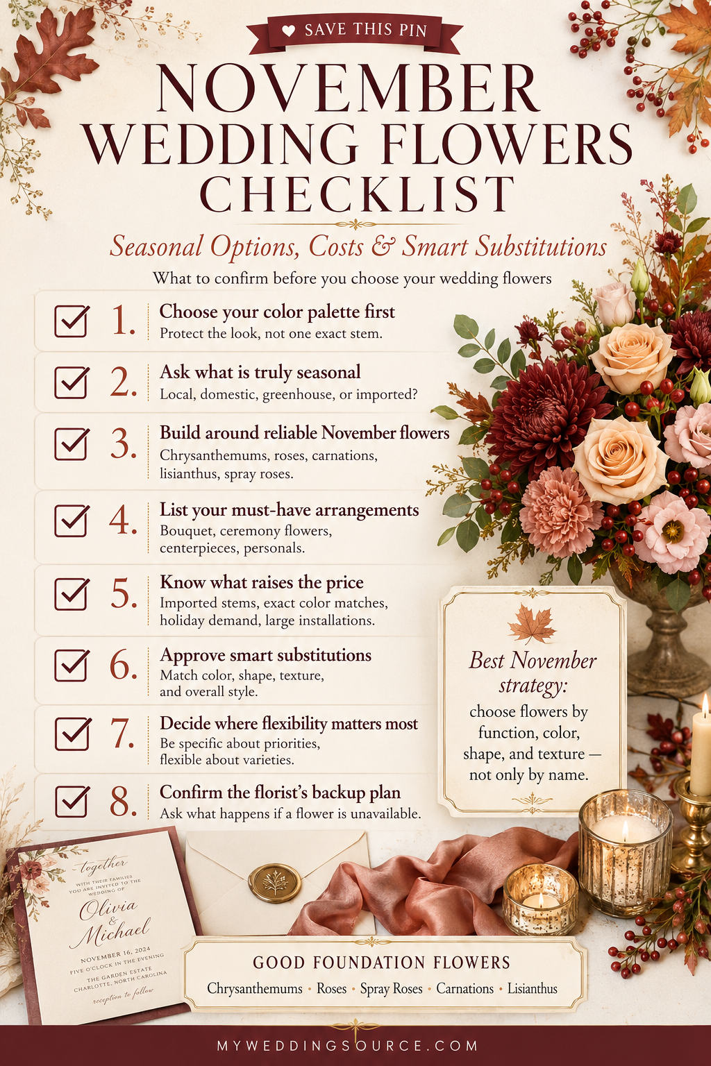 November Wedding Flowers: Seasonal Options, Costs, and Smart Substitutions 6 November wedding flowers checklist infographic