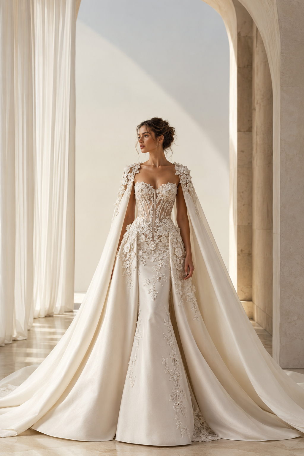 Ivory corset wedding gown with dimensional lace and a dramatic detachable cape