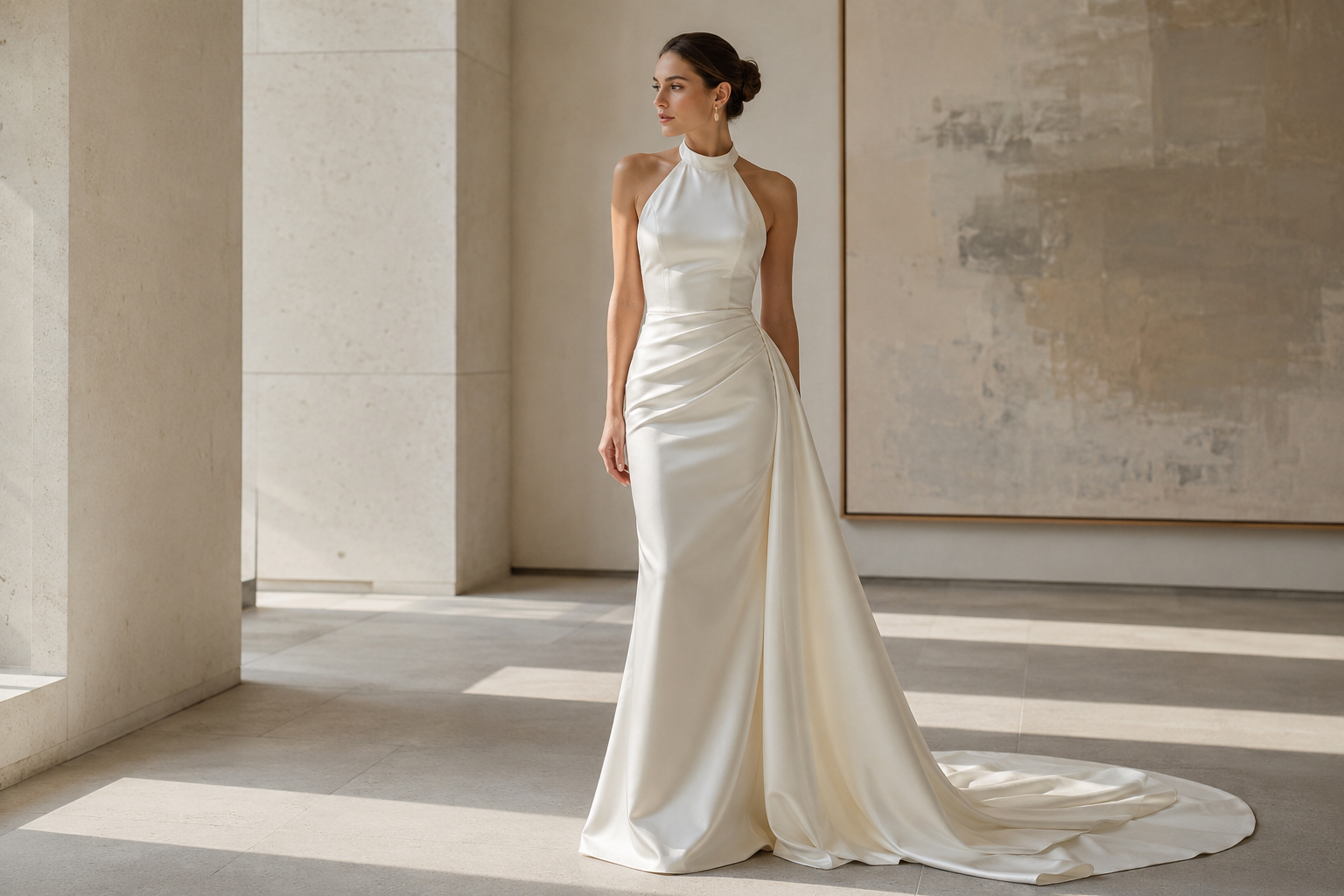 Modern ivory halter wedding dress with sculptural draping in a contemporary gallery