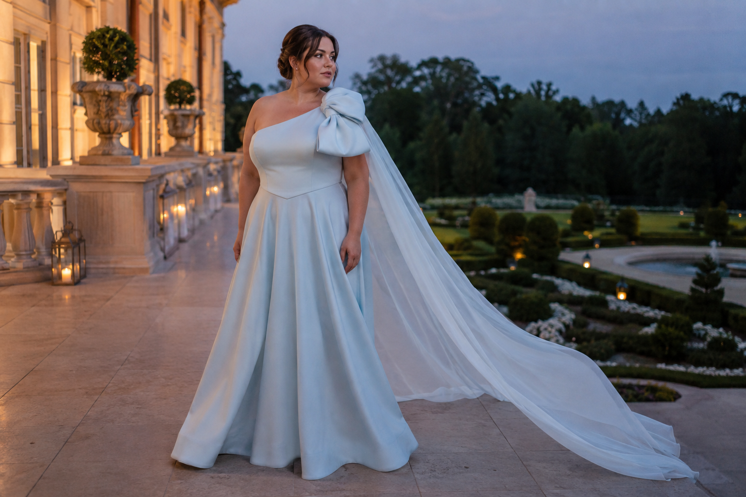 Pale blue wedding dress with an oversized shoulder bow and flowing bridal cape
