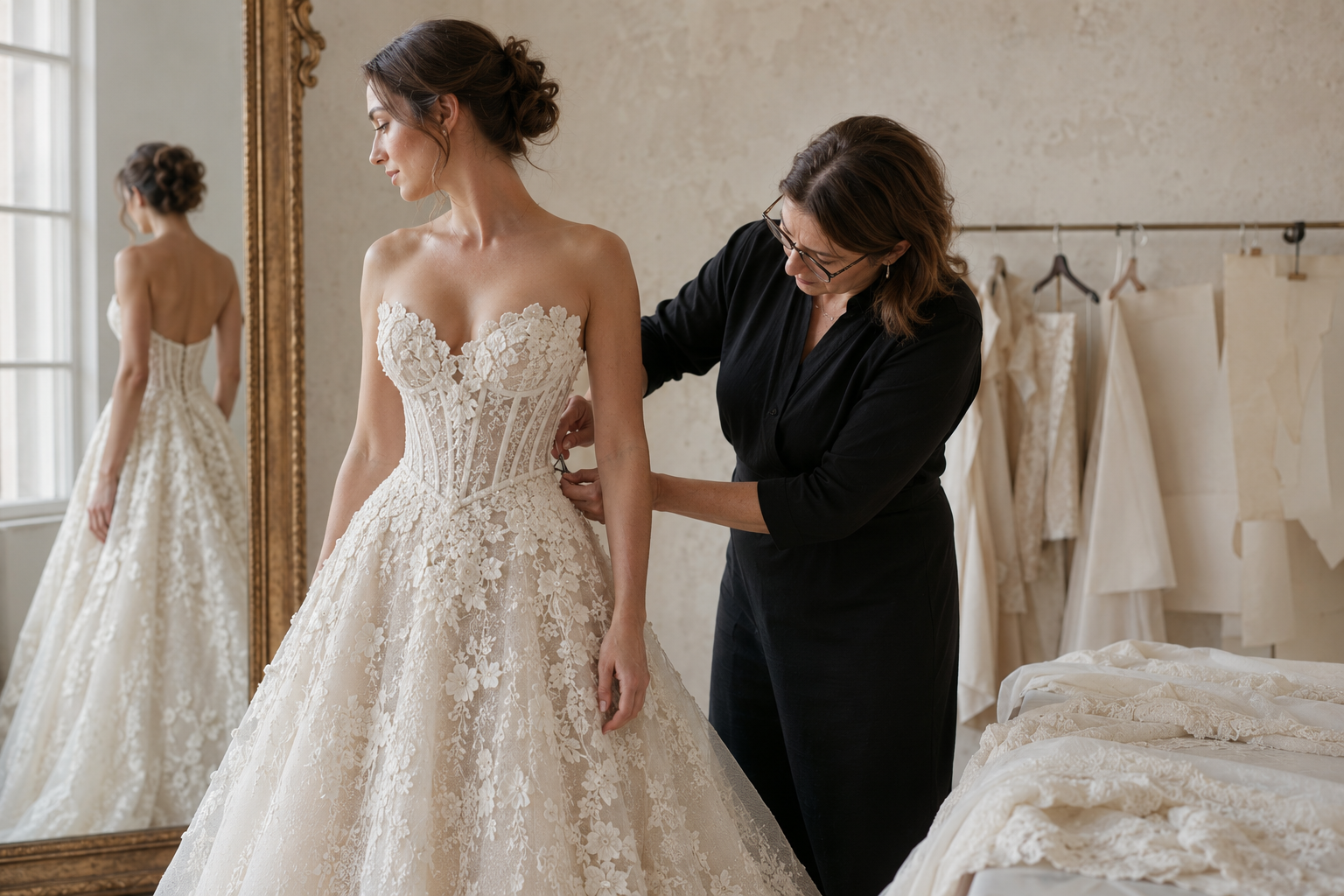 Seamstress fitting a layered lace wedding gown with a Basque waist and visible corsetry