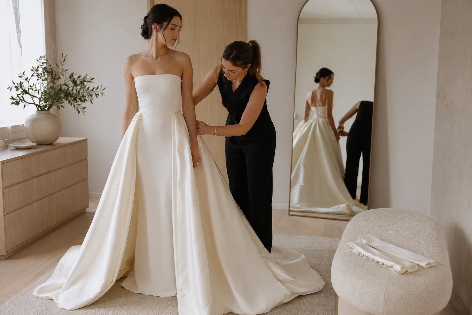 Stylist attaching a detachable overskirt to a fitted ivory wedding gown