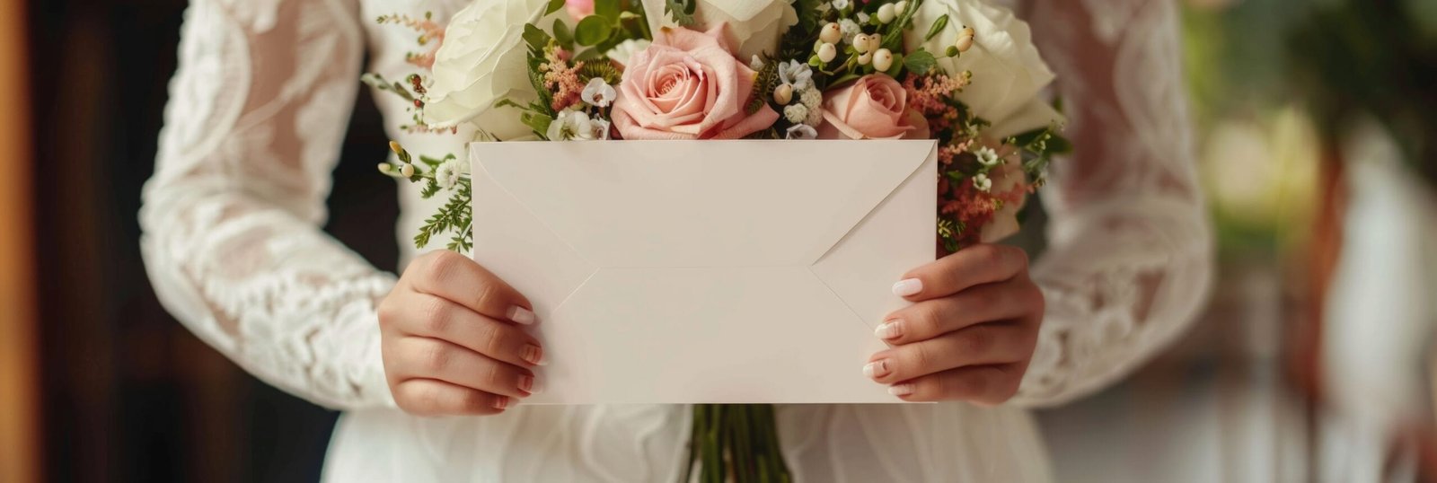 Bride holding a blank wedding invitation envelope with a pink and white rose bouquet