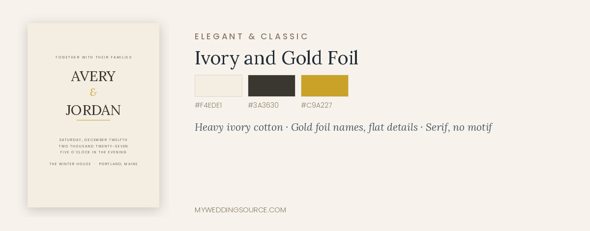 Holiday wedding invitation mockup in ivory and gold foil design