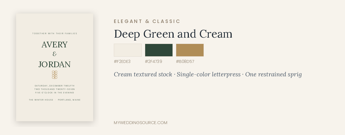 Holiday wedding invitation mockup in deep green and cream design