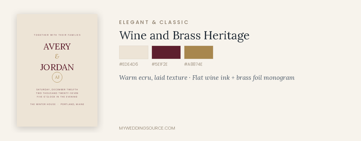 Holiday wedding invitation mockup in wine and brass heritage design