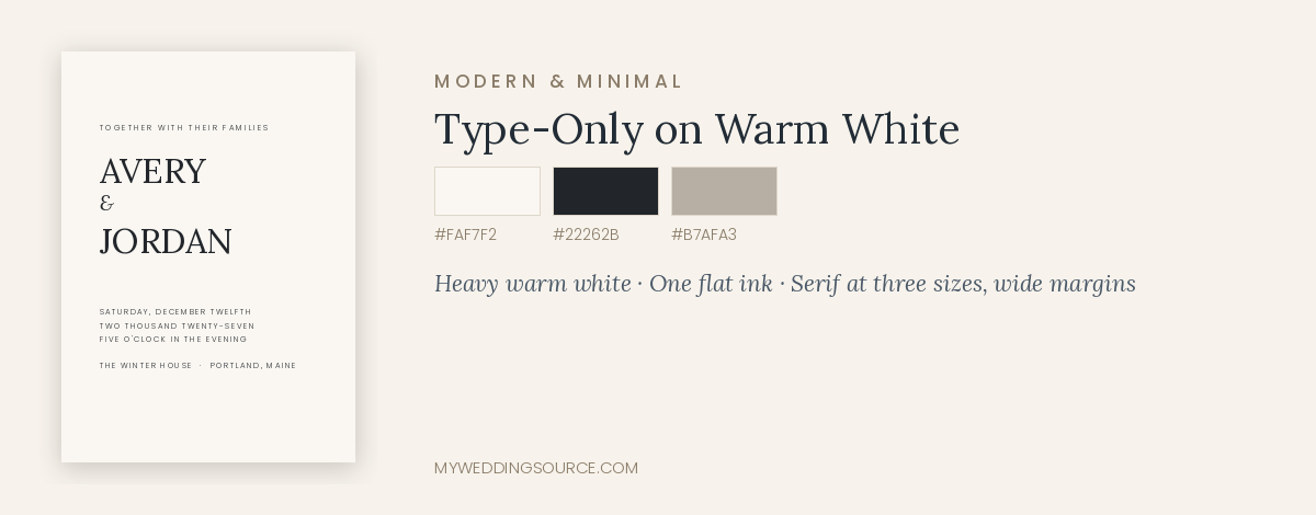 Holiday wedding invitation mockup in type-only warm white design