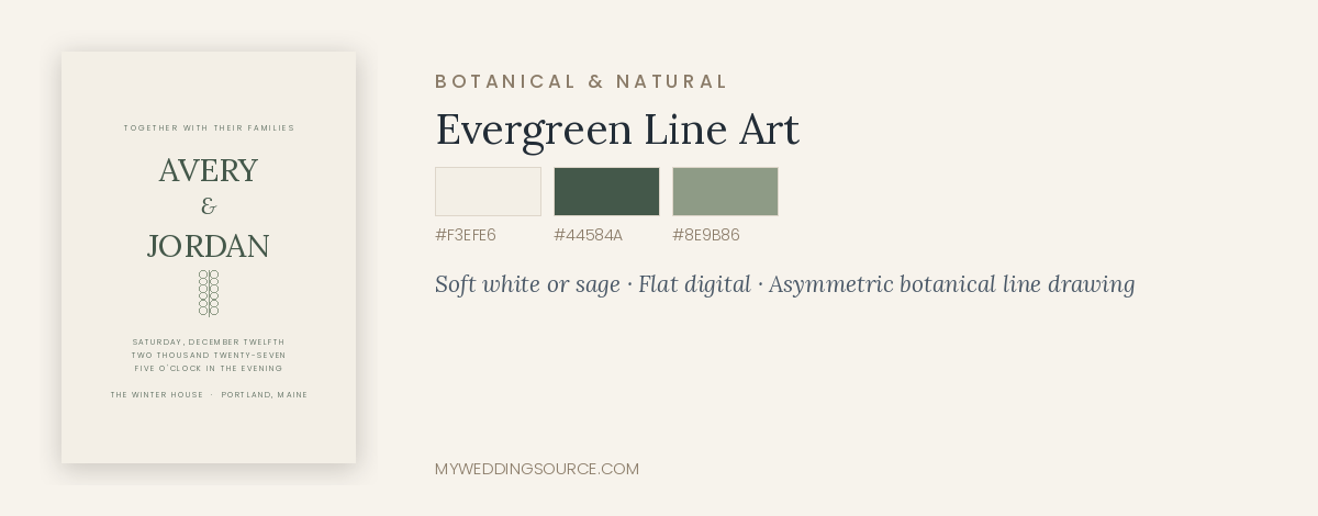 Holiday wedding invitation mockup in evergreen line art design