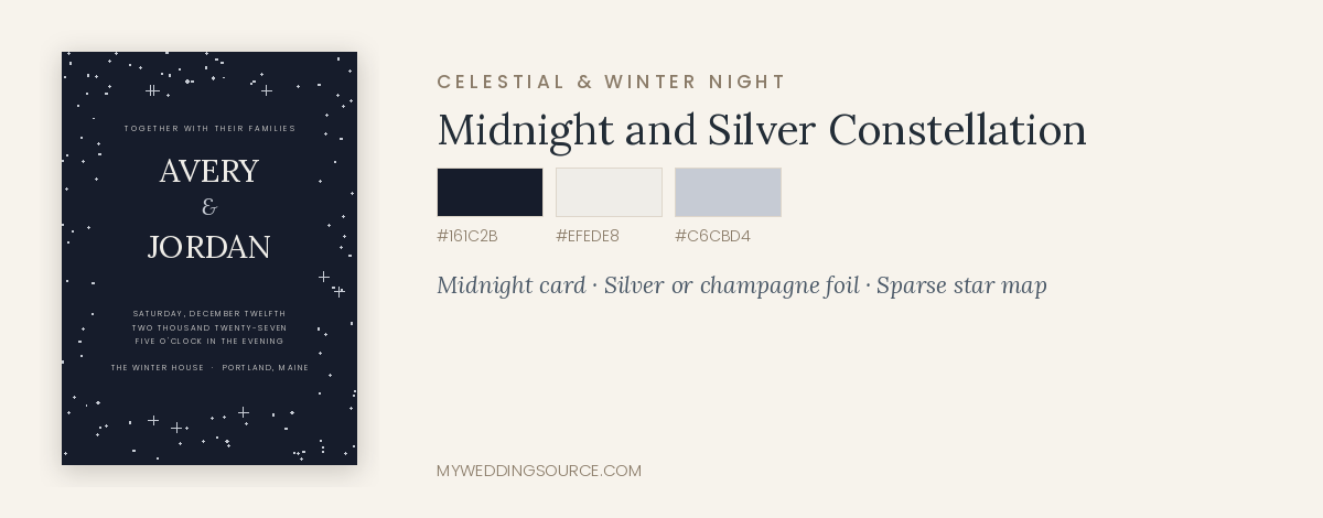 Holiday wedding invitation mockup in midnight and silver constellation design