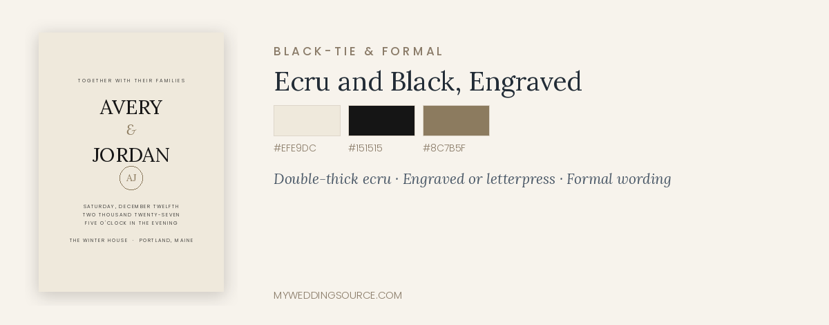 Holiday wedding invitation mockup in ecru and black engraved design