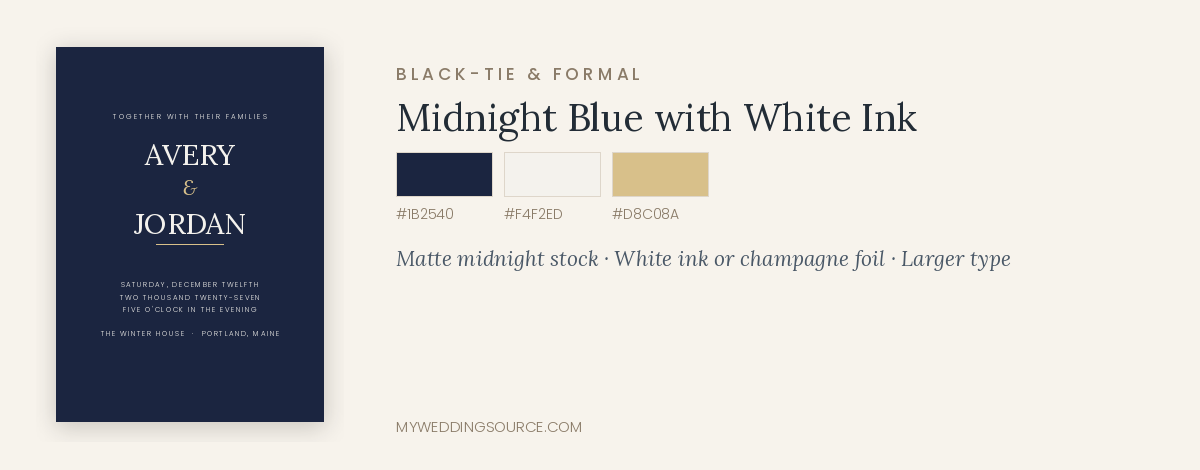Holiday wedding invitation mockup in midnight blue with white ink design