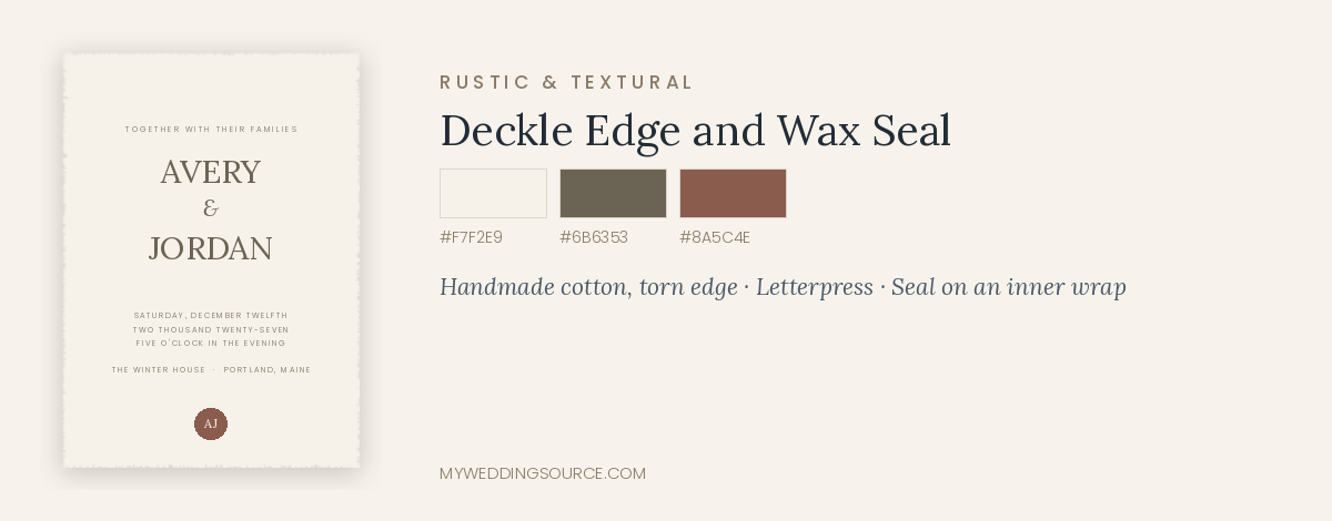 Holiday wedding invitation mockup in deckle edge and wax seal design