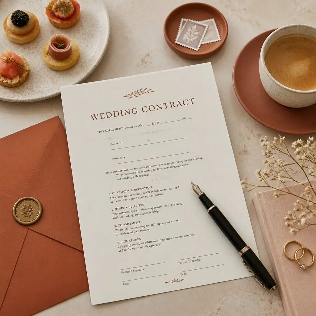 Wedding catering contract flatlay with fountain pen and coffee on cream table