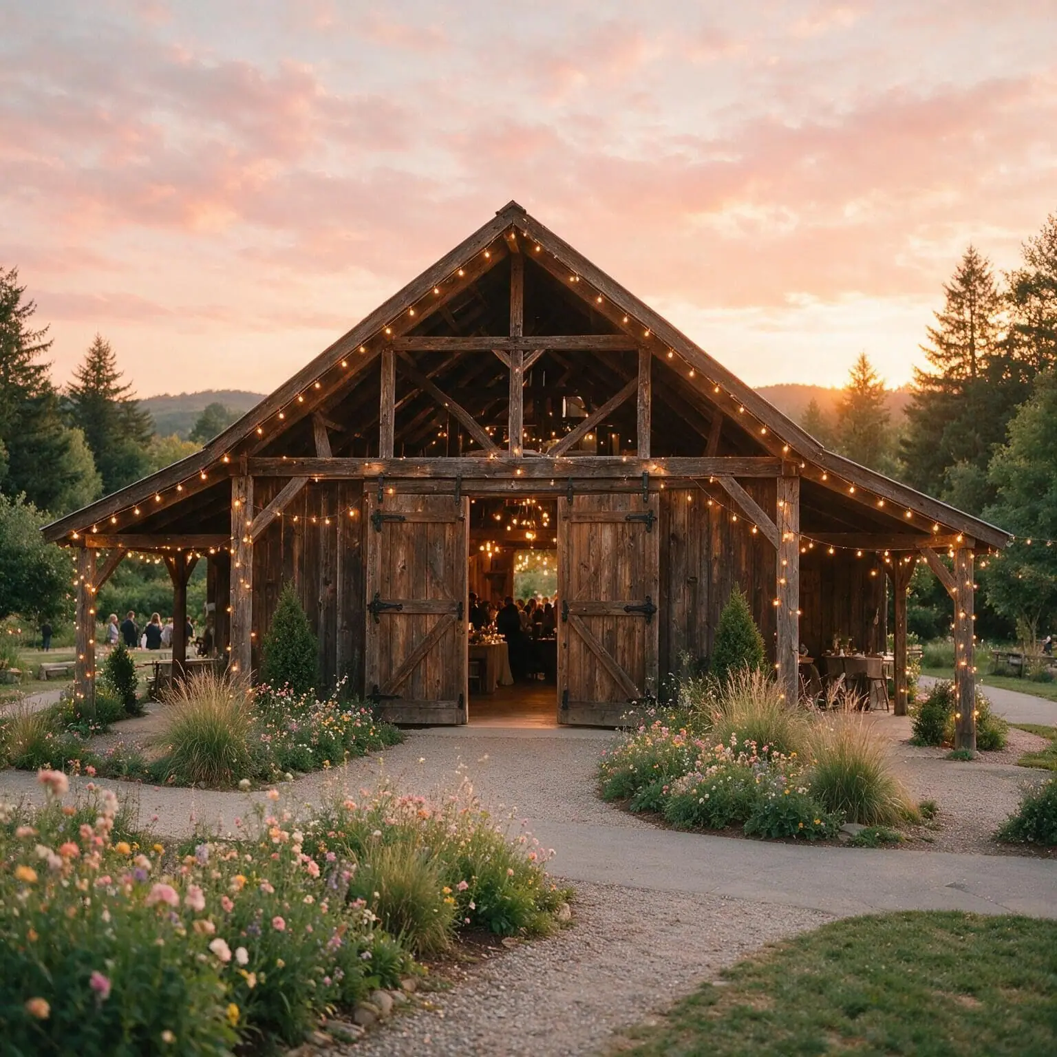 Rustic barn wedding venue exterior at golden hour with string lights