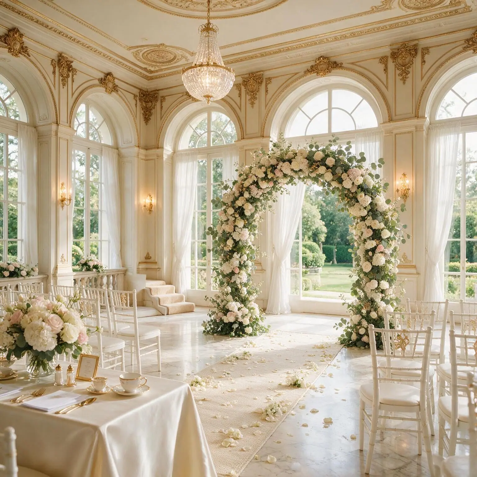 Elegant hotel ballroom wedding ceremony with floral arch and tall windows