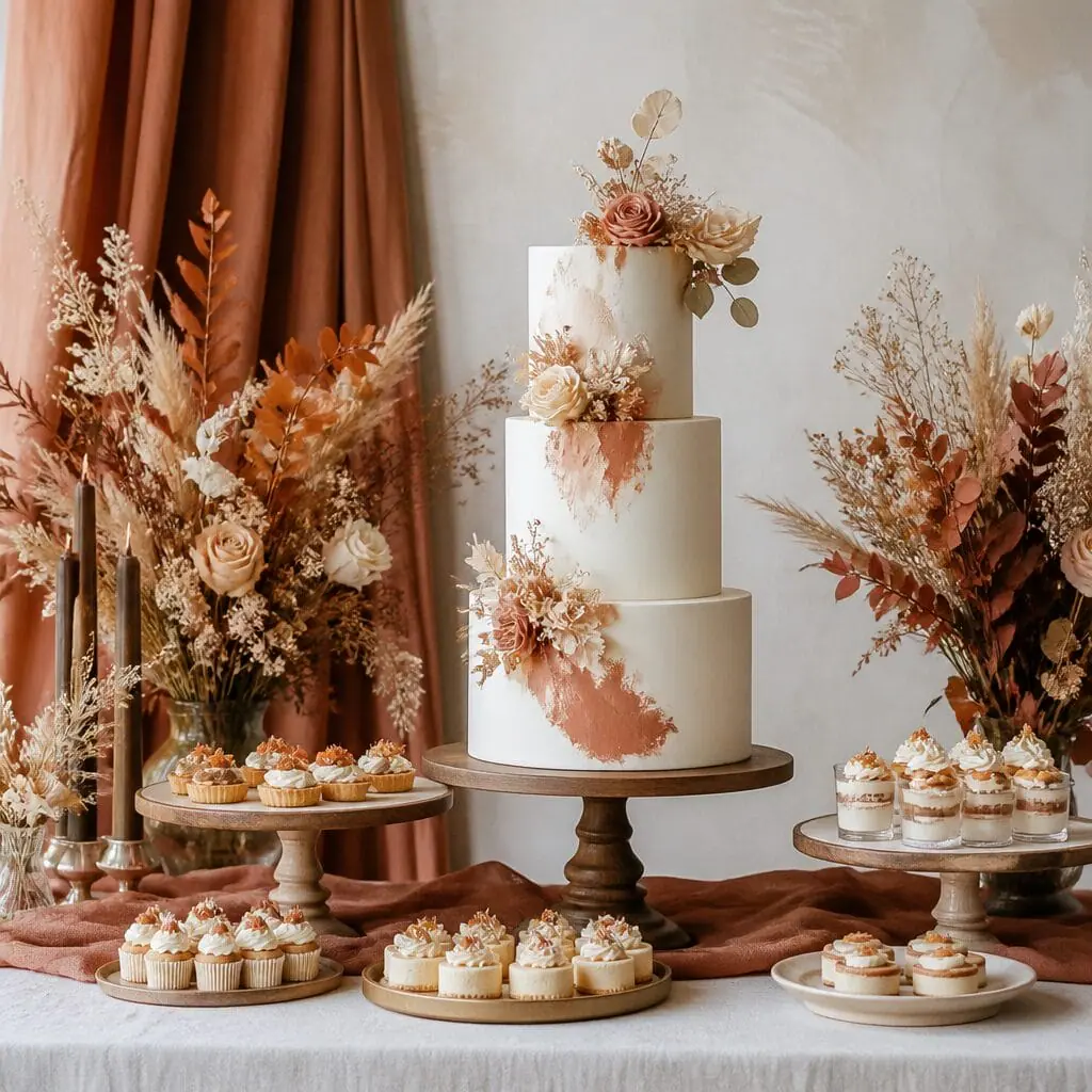 Elegant wedding dessert table display with tiered cake and small pastries