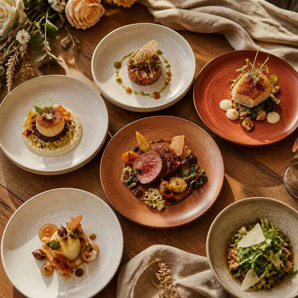 Chef presenting small wedding menu tasting plates for catering selection