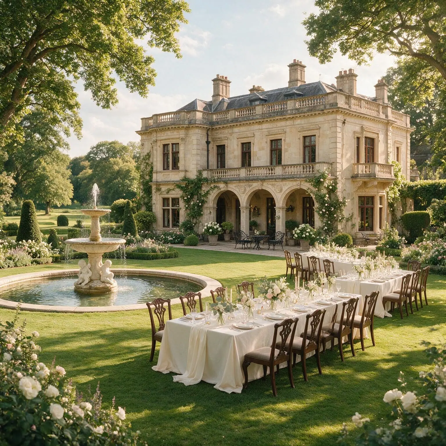 Luxury garden estate wedding venue with stone mansion and fountain
