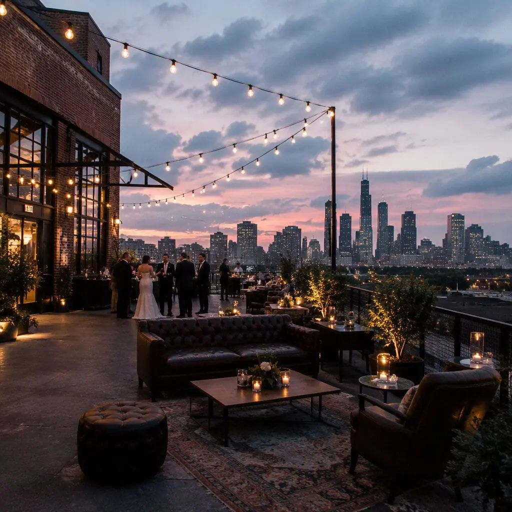 Industrial loft wedding venue rooftop terrace at dusk with city skyline