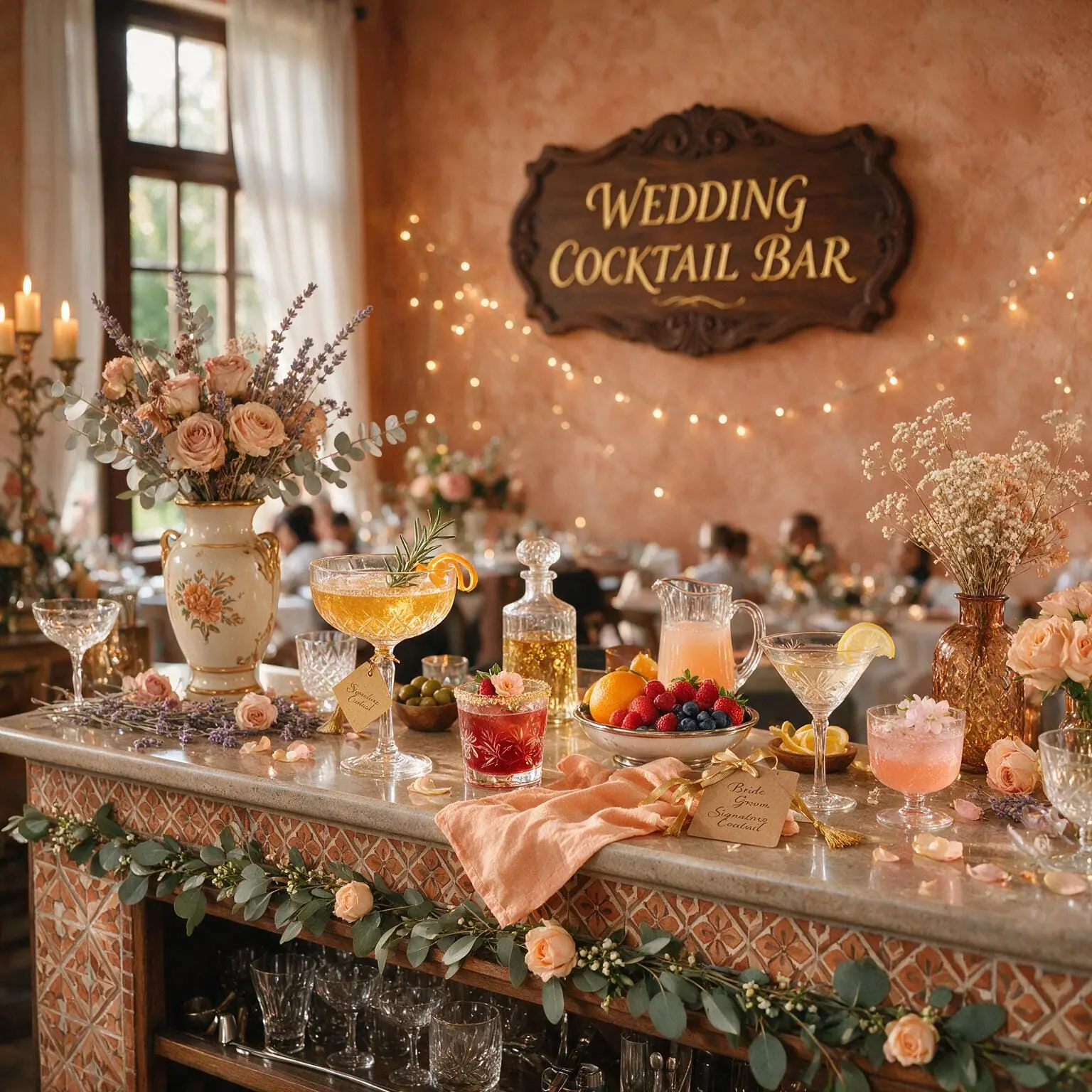 Signature wedding cocktail bar with elegant glassware and dried florals