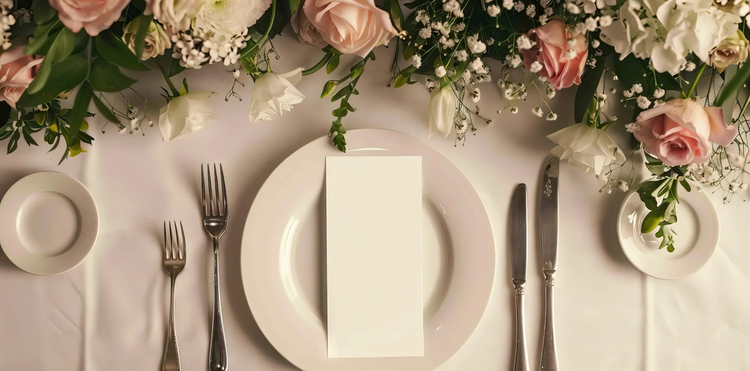 Elegant wedding table setting with menu card and floral details for catering planning