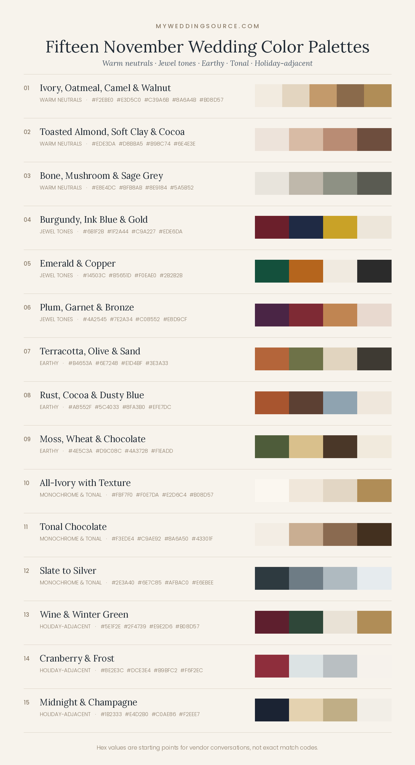 Overview chart of fifteen November wedding color palette options from neutrals to jewel tones