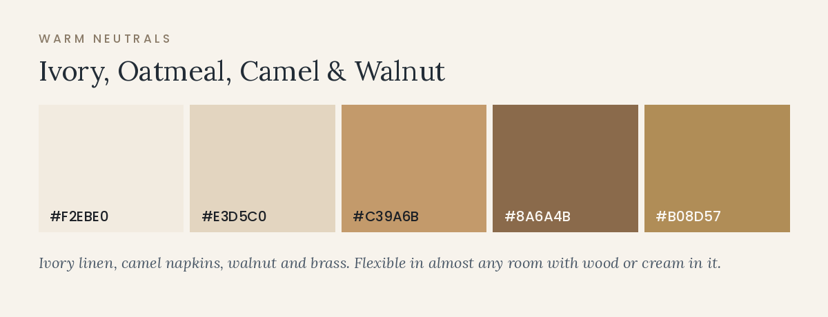 November wedding color palette in ivory, oatmeal, camel, and walnut tones
