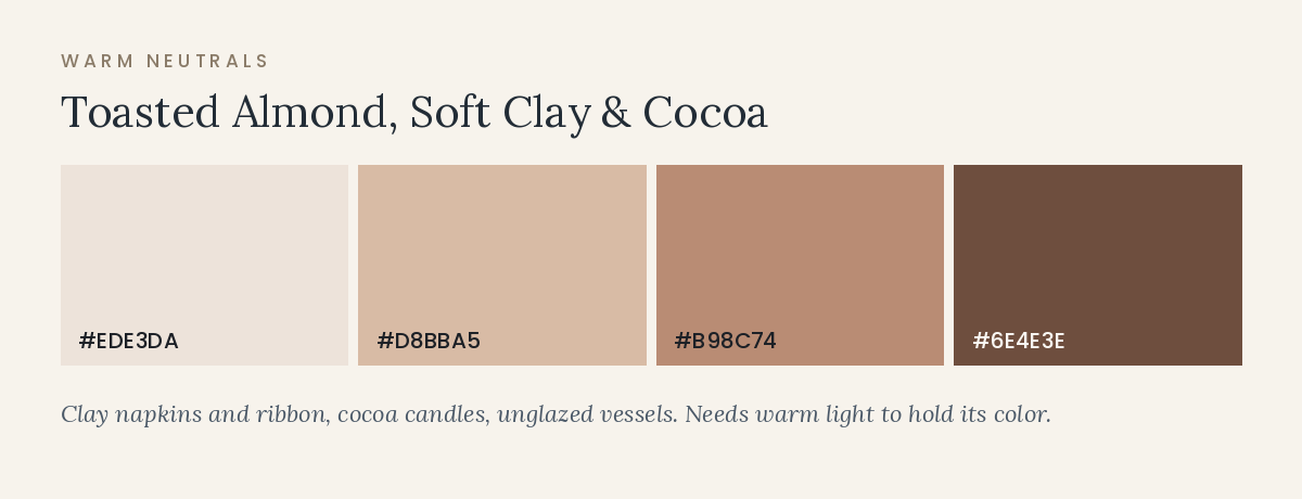 November wedding color palette in toasted almond, soft clay, and cocoa tones