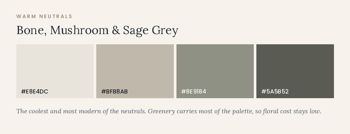 November wedding color palette in bone, mushroom, and sage grey tones