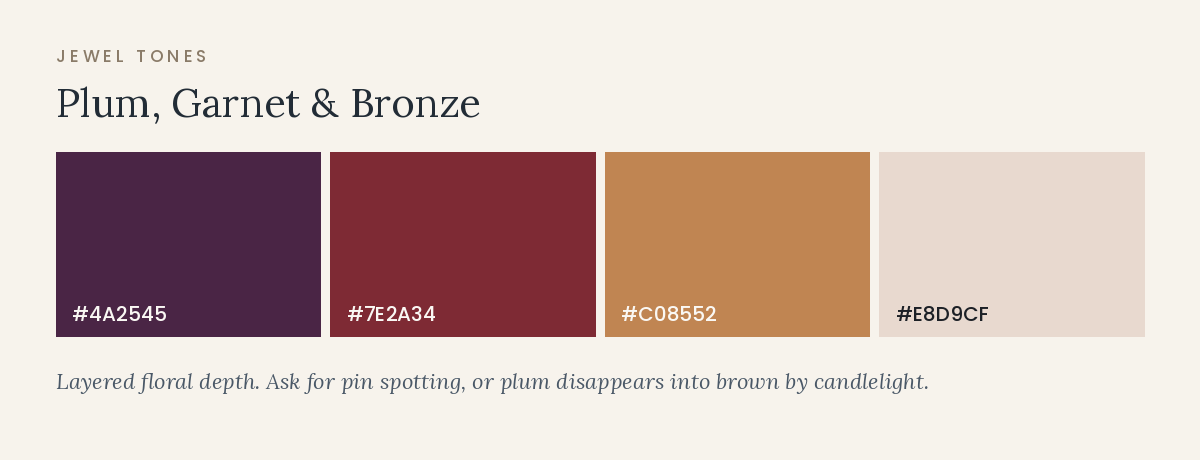 November wedding color palette in plum, garnet, and bronze tones