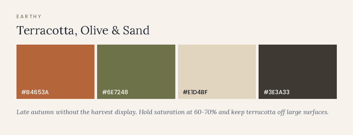 November wedding color palette in terracotta, olive, and sand tones