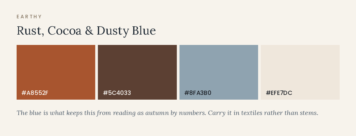 November wedding color palette in rust, cocoa, and dusty blue tones