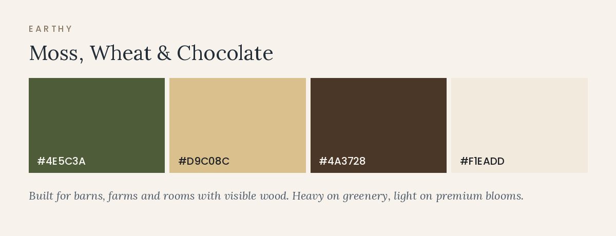 November wedding color palette in moss, wheat, and chocolate tones