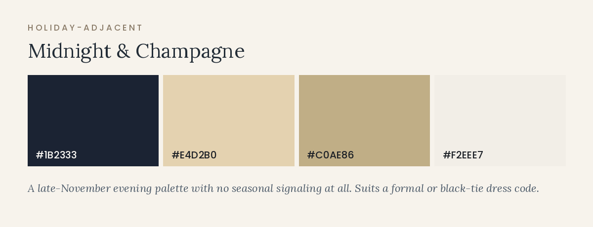 November wedding color palette in midnight and champagne tones
