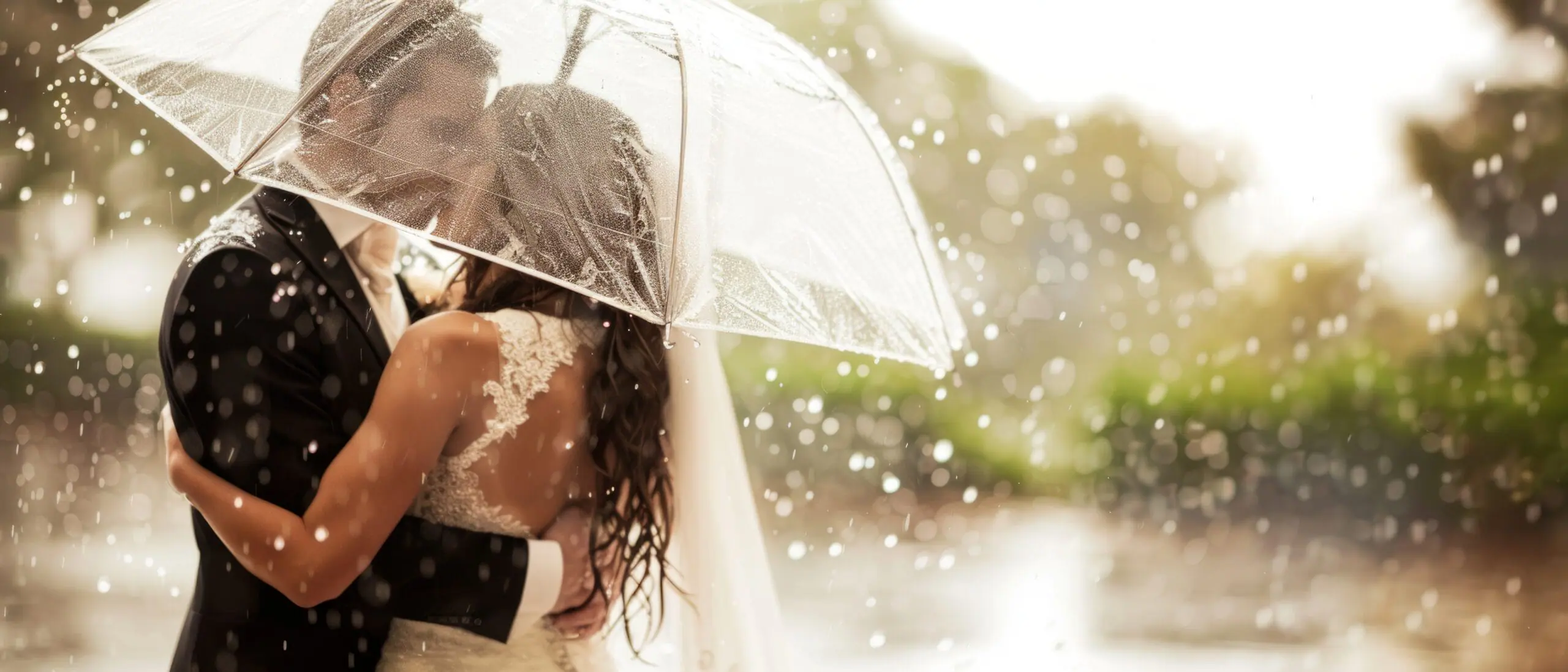 Bride and groom embracing under a clear umbrella in the rain on their wedding day