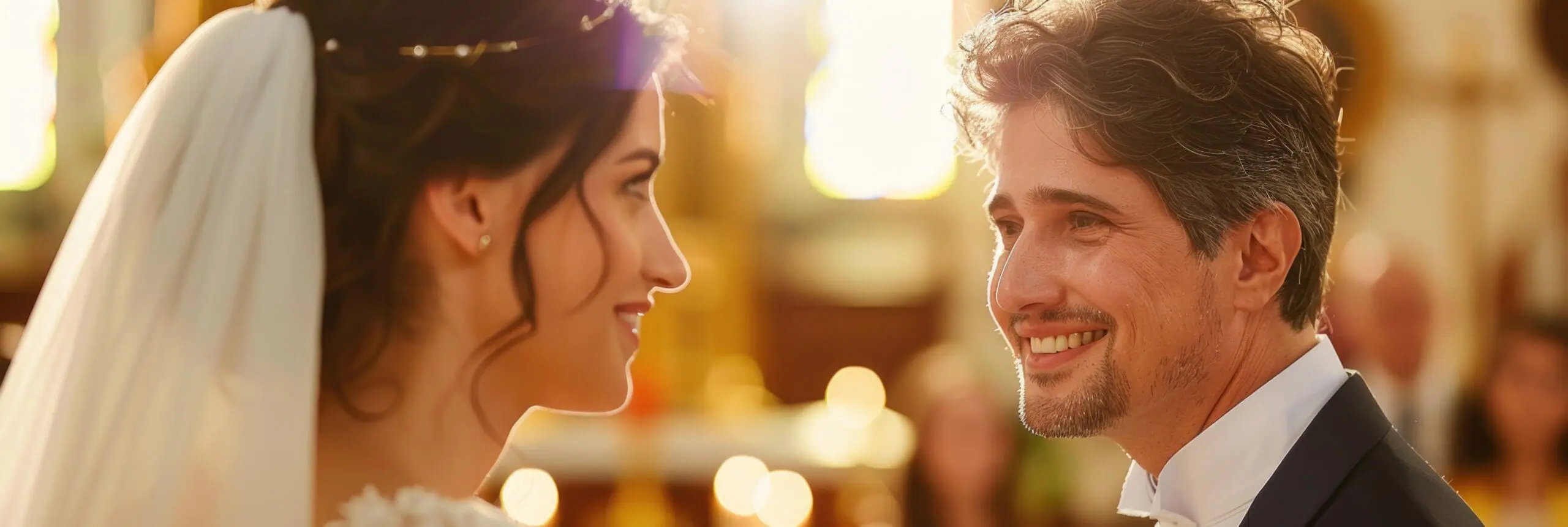 Sunlit November wedding ceremony with a glimpse of the bride and groom in golden light