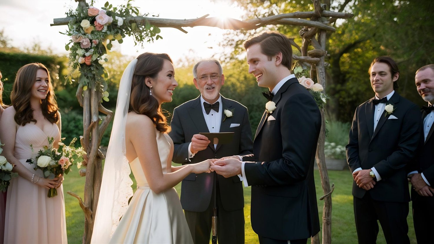 The Complete Guide to Wedding Witnesses 26 Bride and groom smiling with their two wedding witnesses just after signing the marriage license
