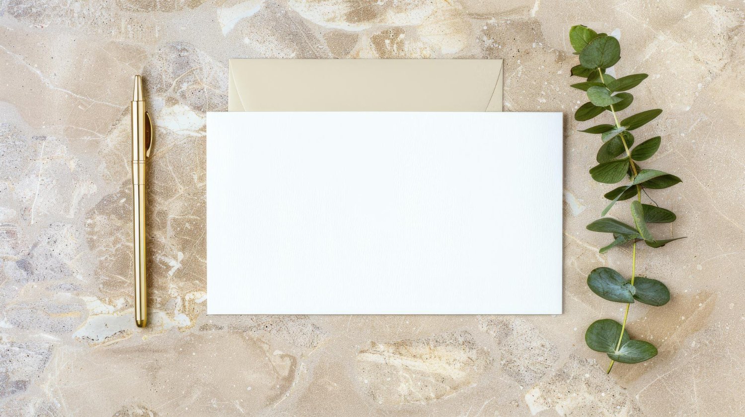 Wedding Invitation Timing and Wording: When to Send, What to Say, and What to Leave Off 15 Blank white wedding invitation card with a gold fountain pen and eucalyptus, ready for elegant calligraphy wording