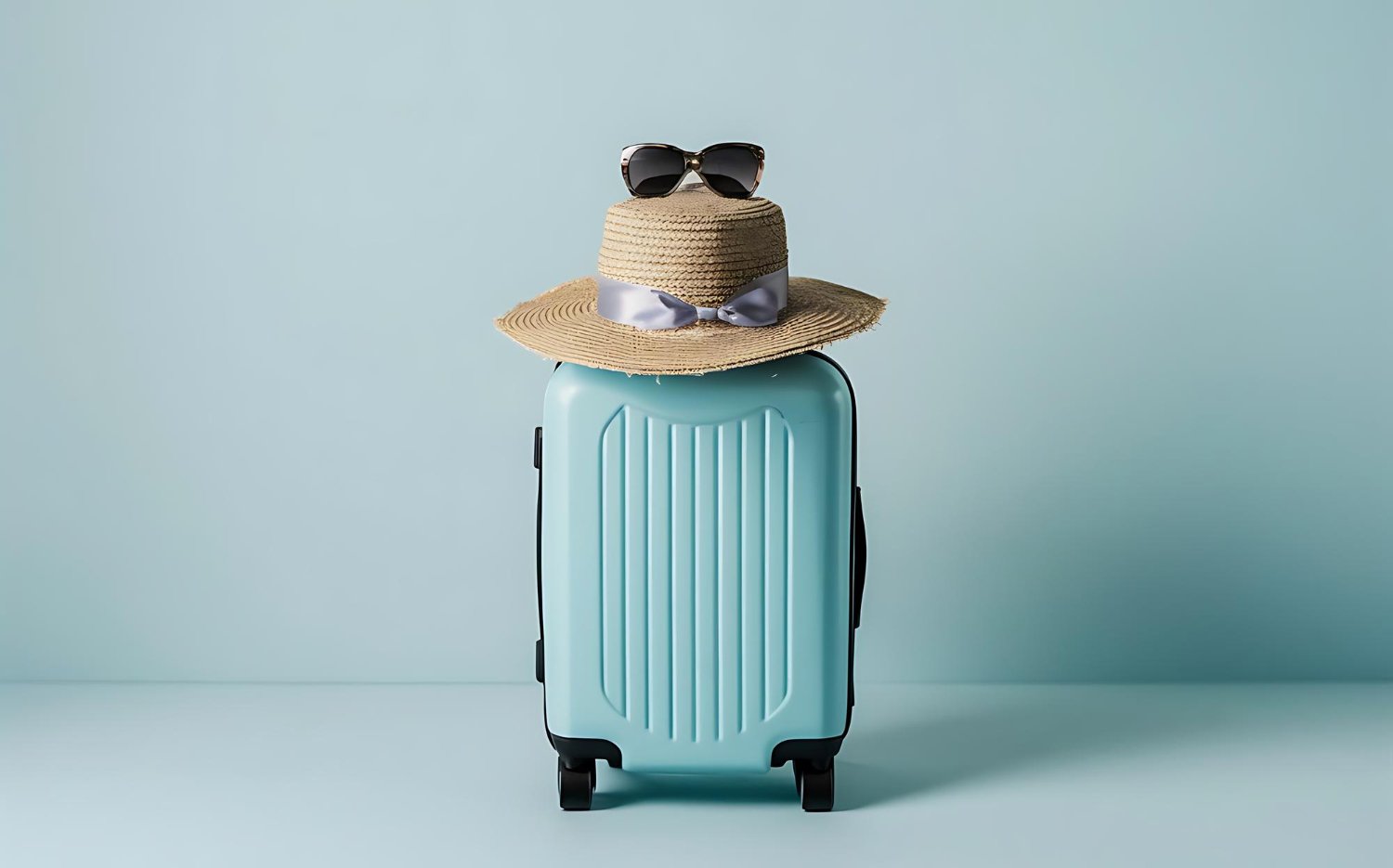 Honeymoon Travel Insurance Coverage: What Each Type of Policy Actually Pays For 12 Blue suitcase with straw hat and sunglasses in a soft pastel minimal travel flat lay