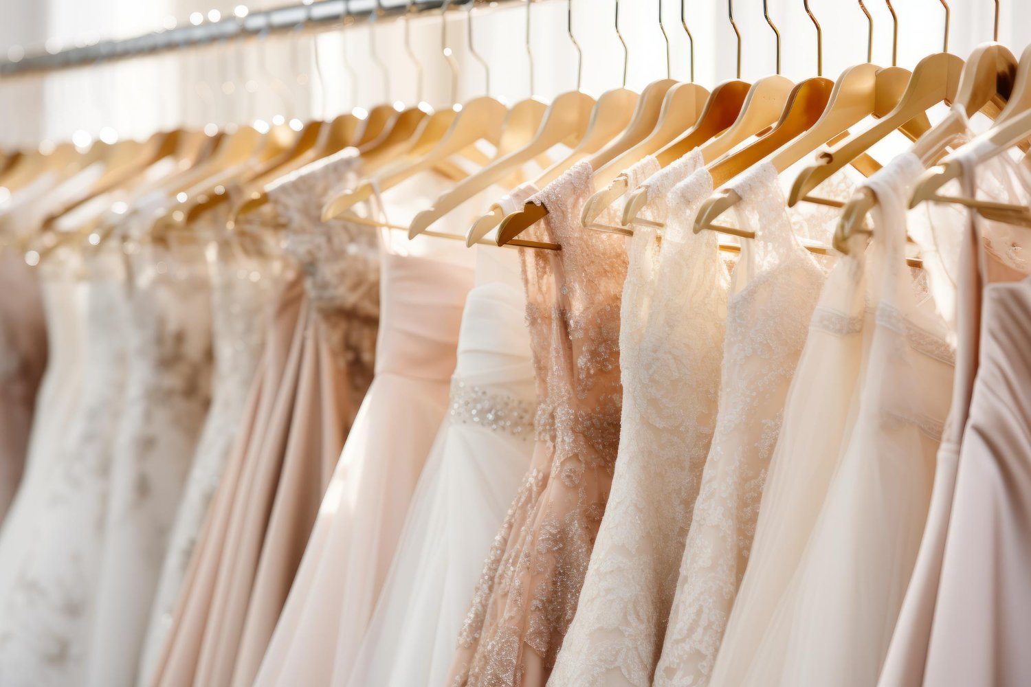 Elegant white wedding dresses hanging in a luxury bridal boutique in soft light