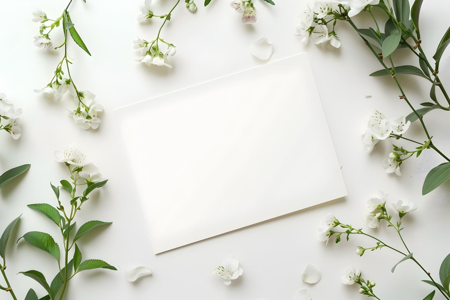 Wedding Invitation Timing and Wording: When to Send, What to Say, and What to Leave Off 11 Elegant minimal blank wedding invitation card surrounded by delicate white florals