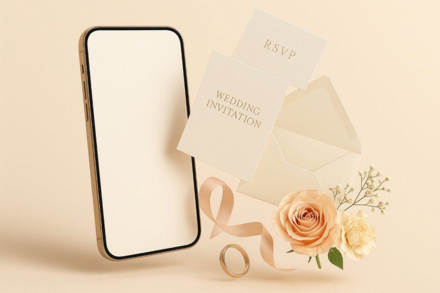 Wedding Website Privacy: What Nobody Mentions Until It's Live 11 Elegant wedding invitation setup with a blank phone screen mockup, roses, and rings symbolizing a private wedding website
