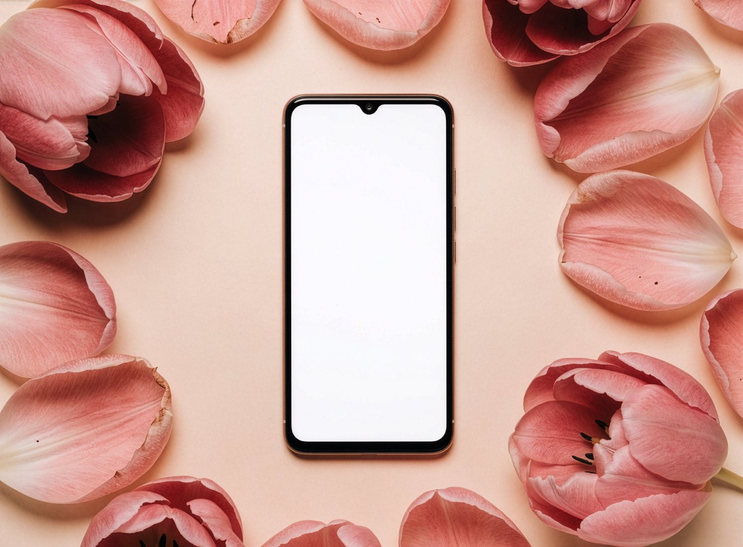 Plus-One Etiquette for Weddings: Who Gets Invited and Who Doesn't 15 Smartphone with blank screen surrounded by pink tulip petals, representing a wedding website RSVP tool