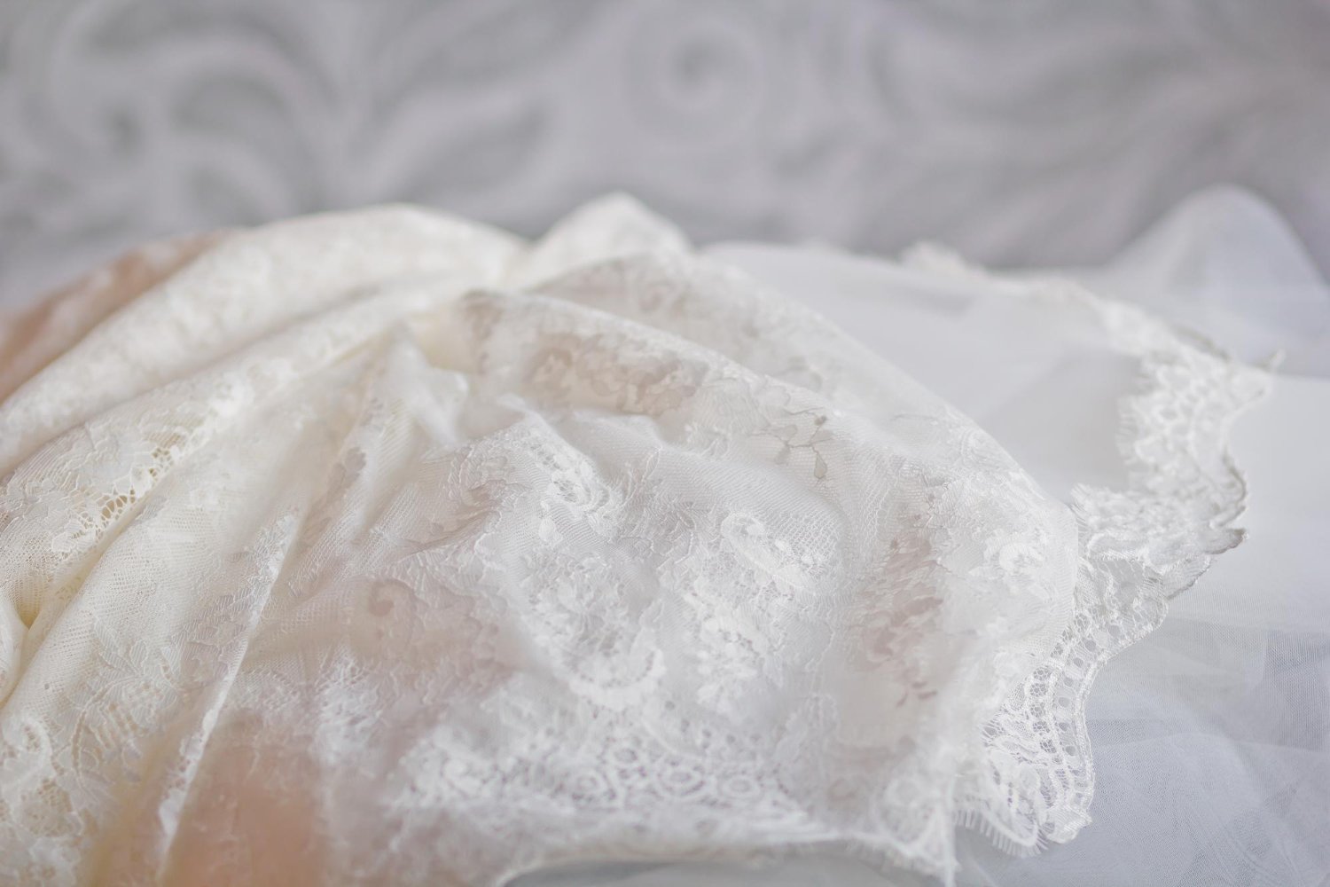 Soft close-up texture of delicate wedding dress lace fabric
