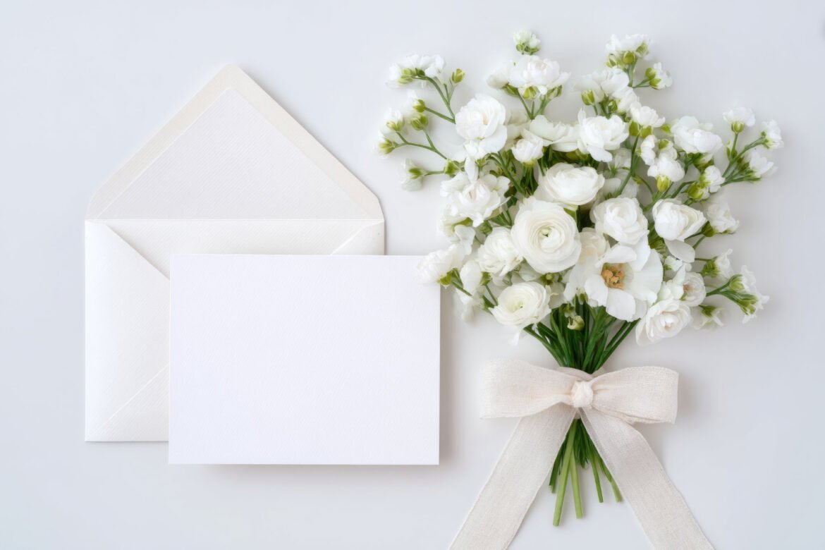 Elegant blank wedding invitation surrounded by white roses, eucalyptus, and a gold wax seal on parchment paper
