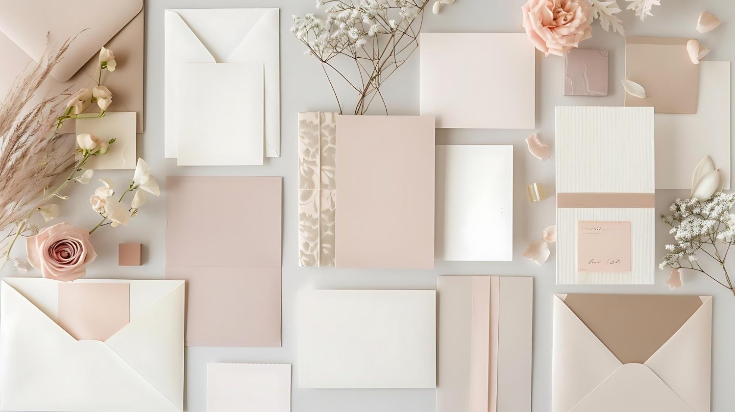 Wedding Invitation Timing and Wording: When to Send, What to Say, and What to Leave Off 14 White and blush wedding invitation suite flat lay with coordinating envelopes and cards
